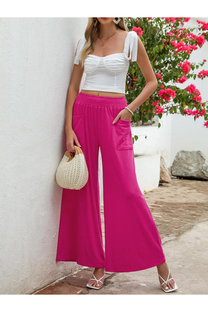 Pocketed Elastic Waist Wide Leg Pants - Pants - FITGGINS