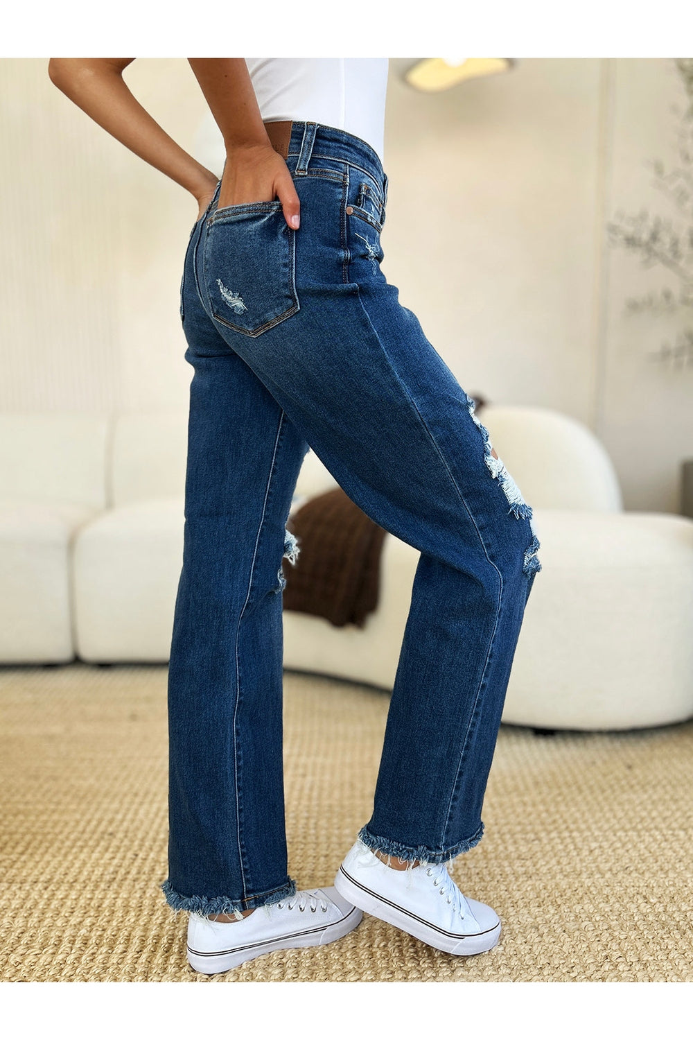 Judy Blue Full Size Mid Rise Distressed Raw Hem Jeans - Jeans - FITGGINS