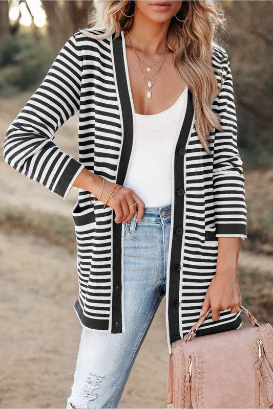 Striped Open Front Long Sleeve Cardigan - Cardigans - FITGGINS