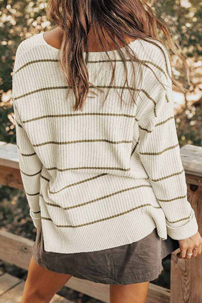 Striped V-Neck Drop Shoulder Sweater with Pocket - Pullover Sweaters - FITGGINS