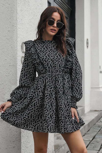 Printed Ruffle Trim Smocked Long Sleeve Mini Dress - Casual & Maxi Dresses - FITGGINS