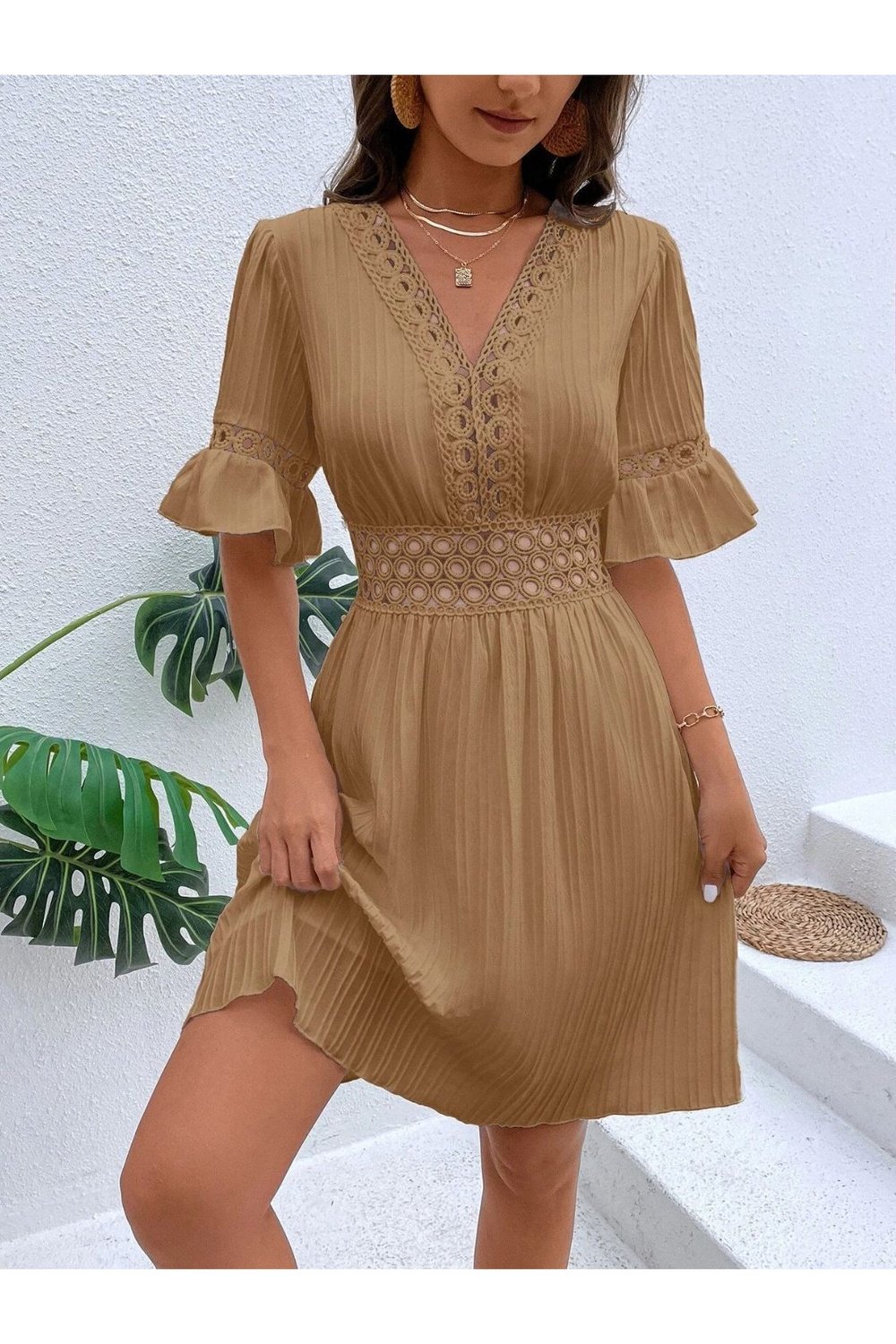 Cutout V-Neck Flounce Sleeve Mini Dress - Casual & Maxi Dresses - FITGGINS