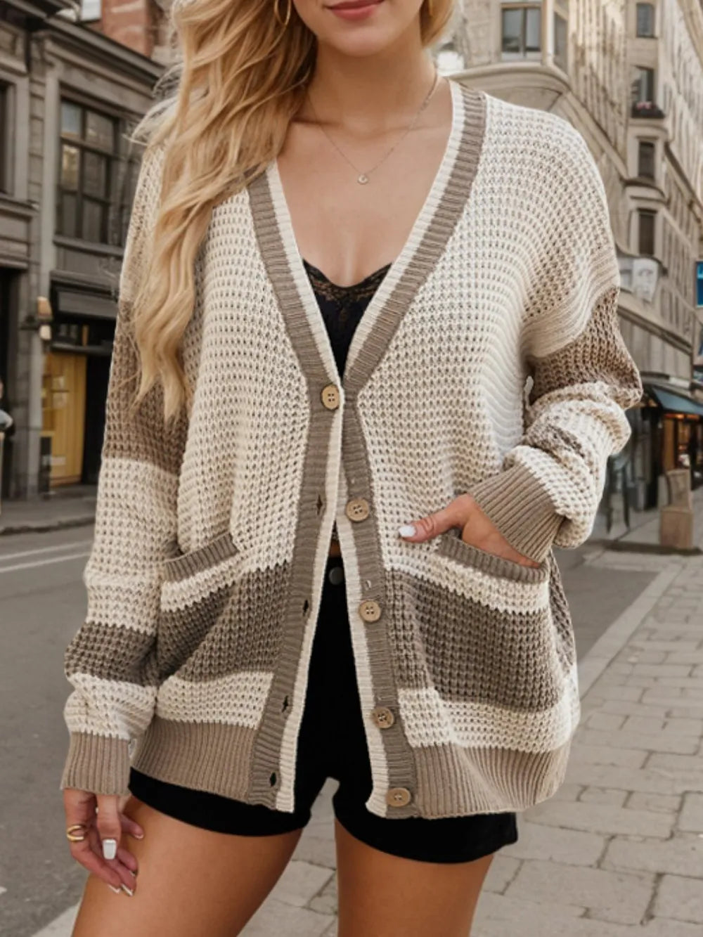 Contrast Button Up Long Sleeve Cardigan Fitggins