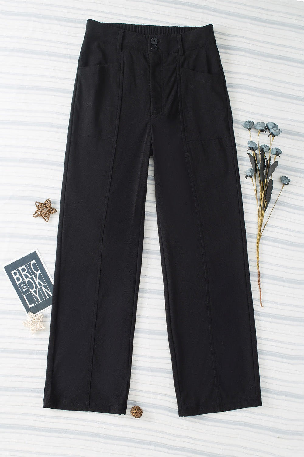 Half Elastic Waist Straight Pants - Pants - FITGGINS