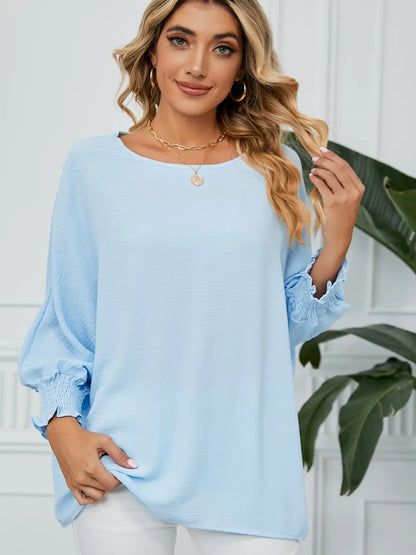Smocked Lantern Sleeve Round Neck Blouse Misty Blue Fitggins
