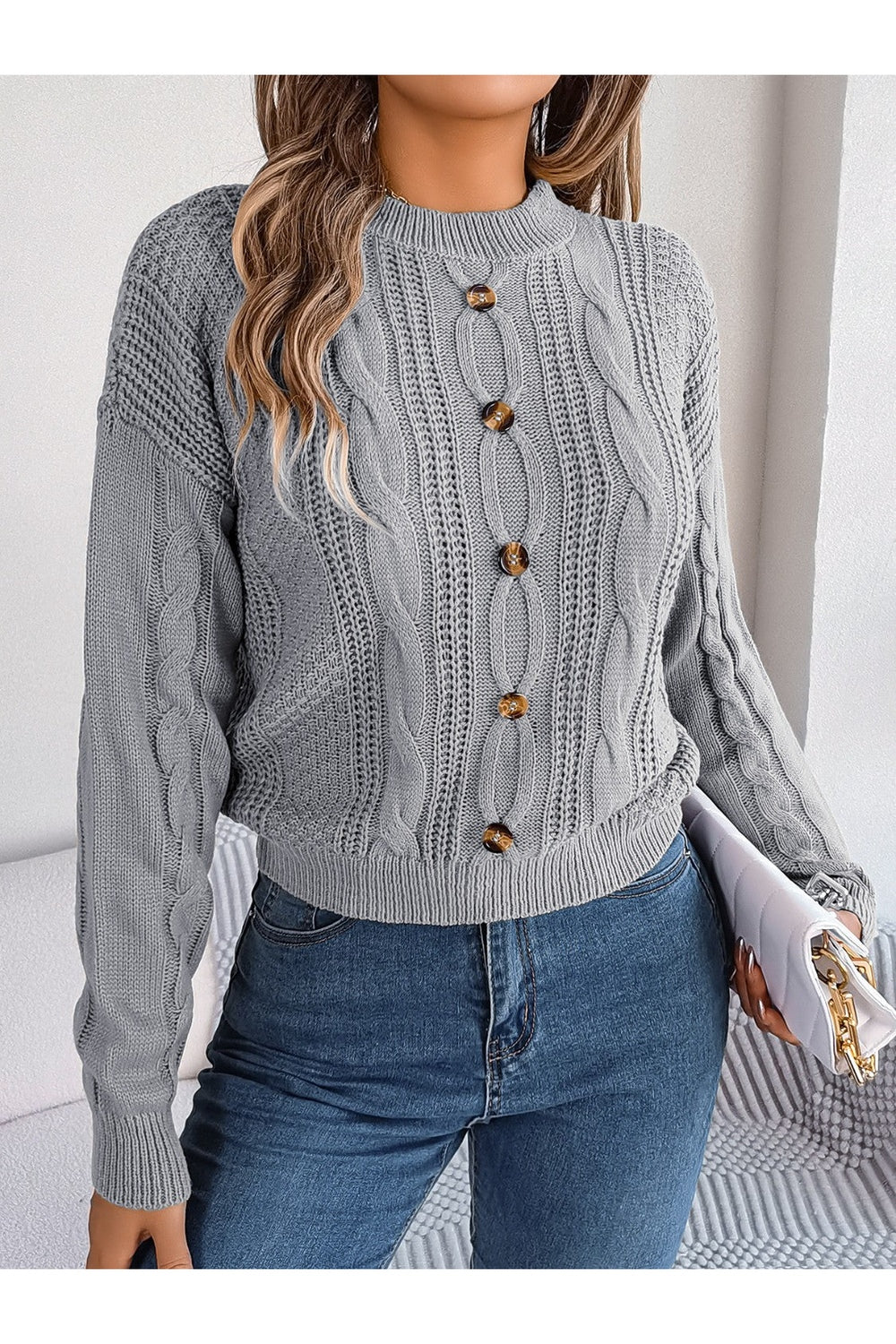 Cable-Knit Buttoned Round Neck Sweater - Pullover Sweaters - FITGGINS