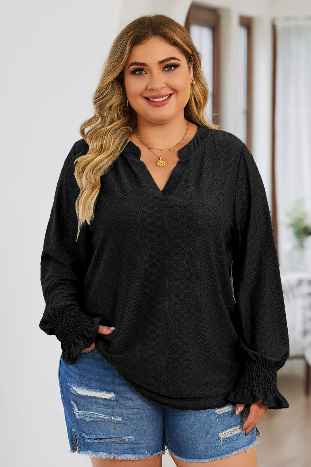 Plus Size Eyelet Notched Flounce Sleeve Blouse - Blouses - FITGGINS