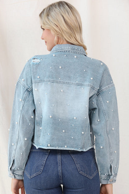 Distressed Pearl Trim Button Up Denim Jacket - Denim Jackets - FITGGINS