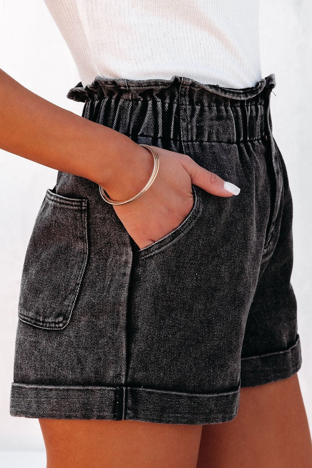 Paperbag Waist Denim Shorts with Pockets - Denim Shorts - FITGGINS