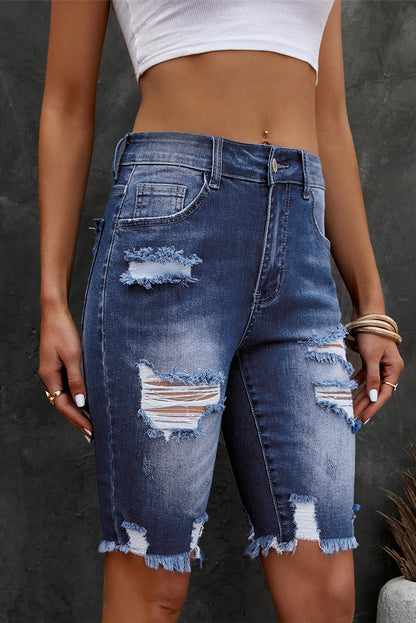 Distressed Frayed Hem Denim Bermuda Shorts Fitggins