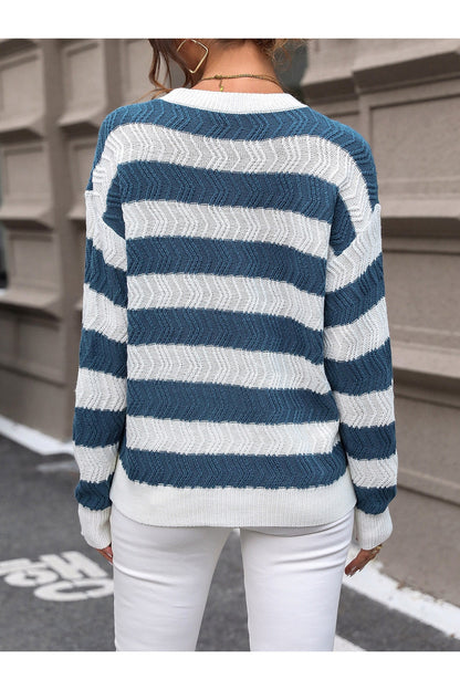 Perfee Striped Round Neck Dropped Shoulder Sweater - Pullover Sweaters - FITGGINS