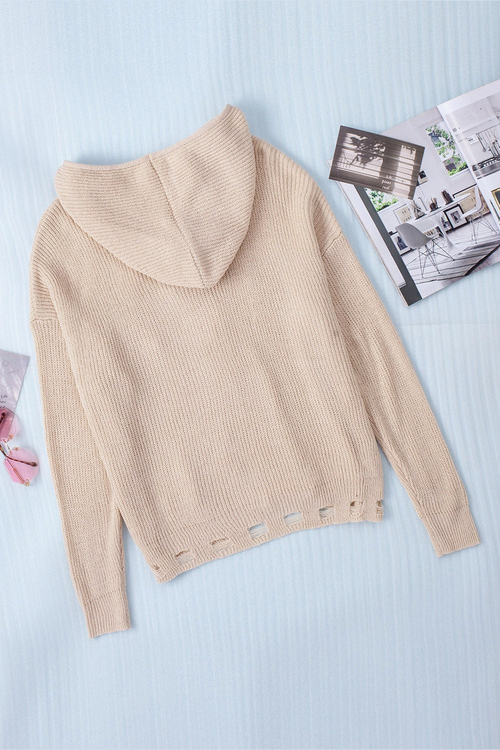 Distressed Zip Up Drawstring Hooded Cardigan Fitggins