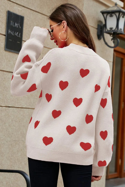 Woven Right Heart Pattern Lantern Sleeve Round Neck Tunic Sweater Fitggins