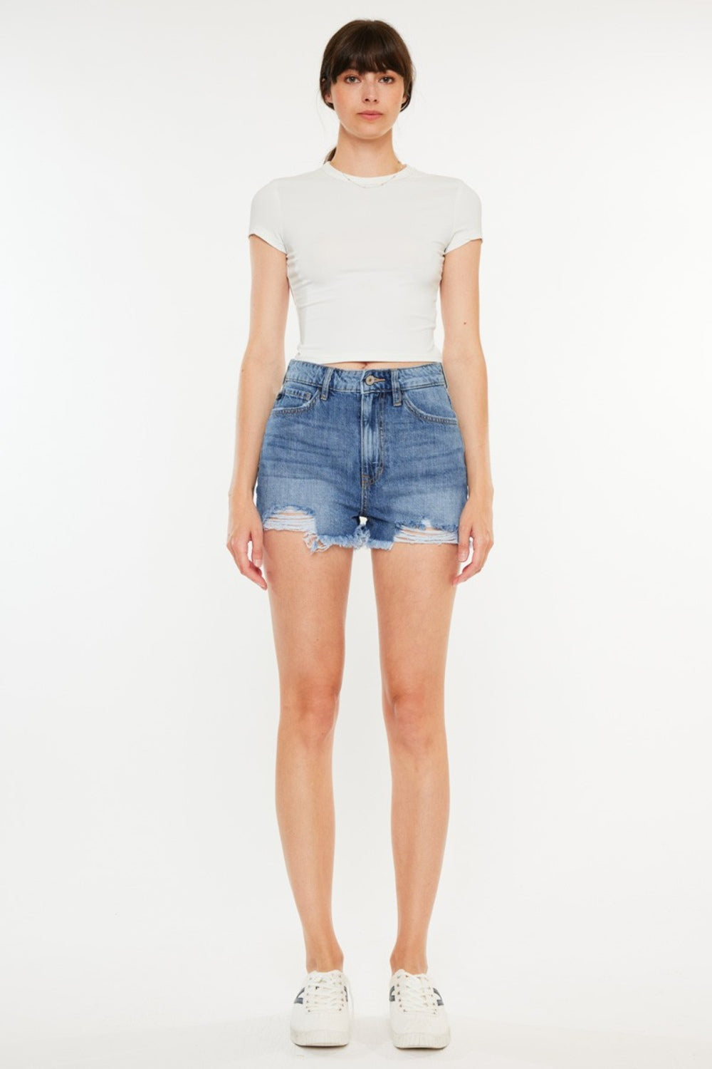 Kancan Distressed Raw Hem High Waist Denim Shorts - Denim Shorts - FITGGINS