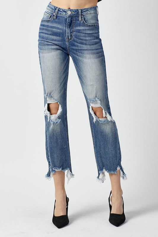 RISEN High Waist Distressed Frayed Hem Cropped Straight Jeans - Jeans - FITGGINS