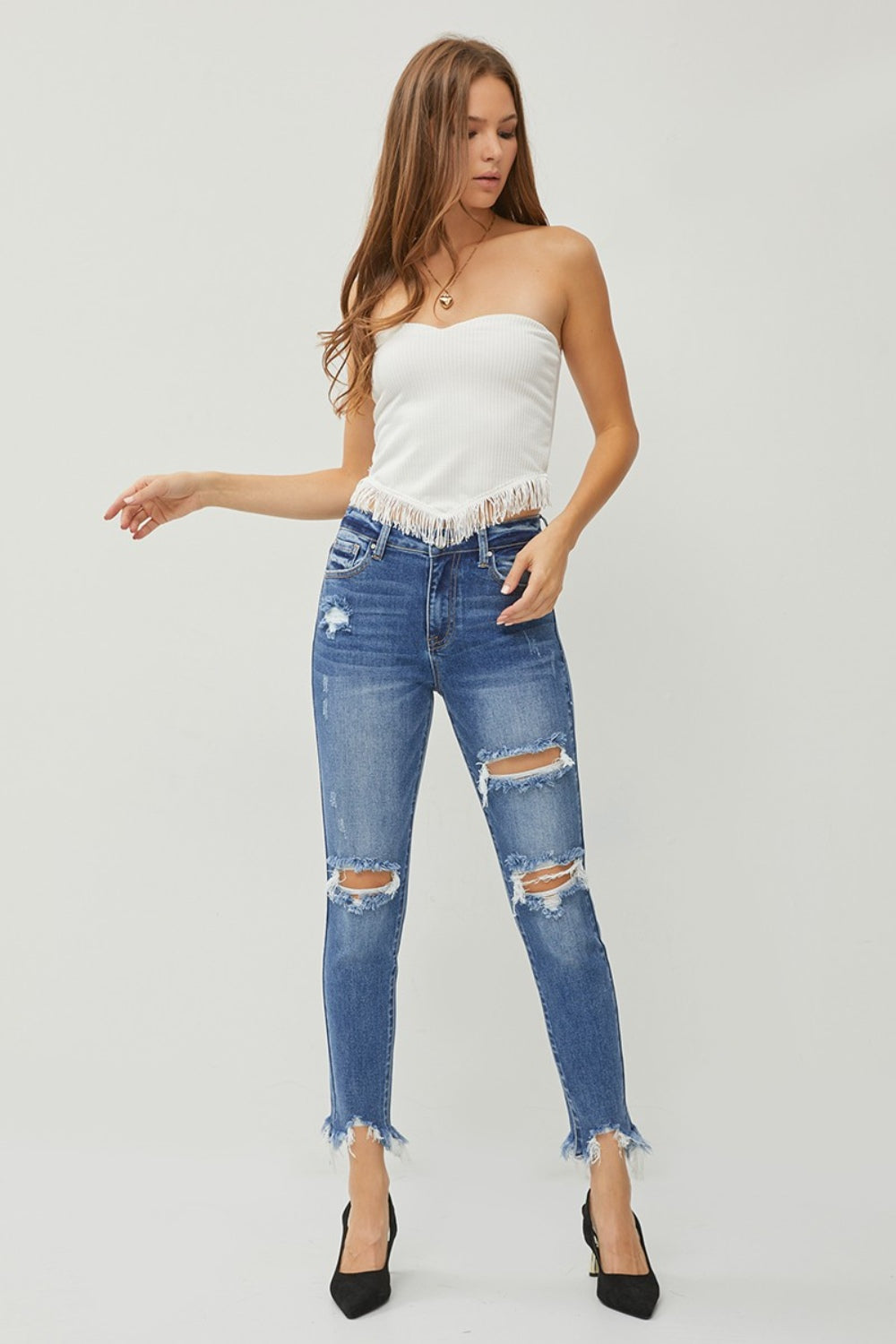 RISEN Distressed Frayed Hem Slim Jeans - Jeans - FITGGINS