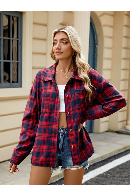 Plaid Collared Neck Long Sleeve Shirt - Shirts - FITGGINS