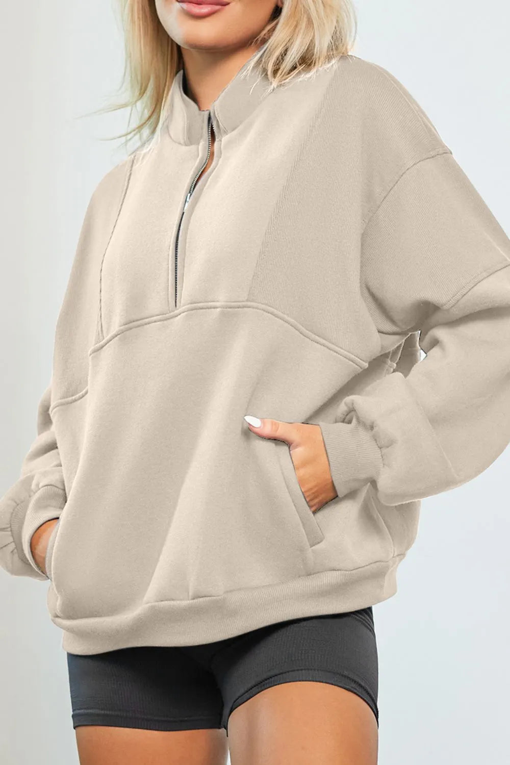 Half Zip Drop Shoulder Long Sleeve Sweatshirt Beige Fitggins