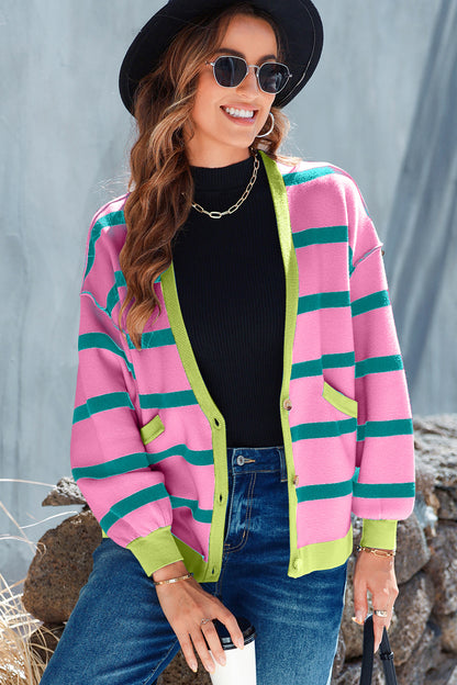 Striped Button Up Long Sleeve Cardigan - Cardigans - FITGGINS