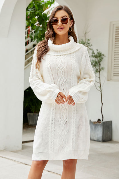 Woven Right Mixed Knit Turtleneck Lantern Sleeve Sweater Dress - Sweater Dresses - FITGGINS