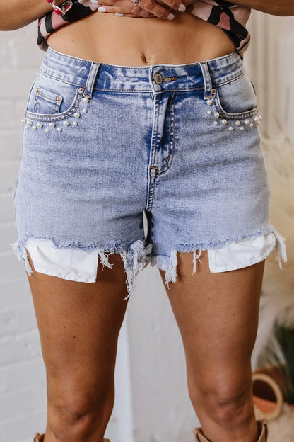 Pearl Studded Pockets Raw Hem Denim Shorts Light Blue Fitggins