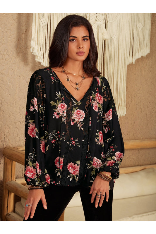 Flower Printed Tie Neck Long Sleeve Blouse - Blouses - FITGGINS