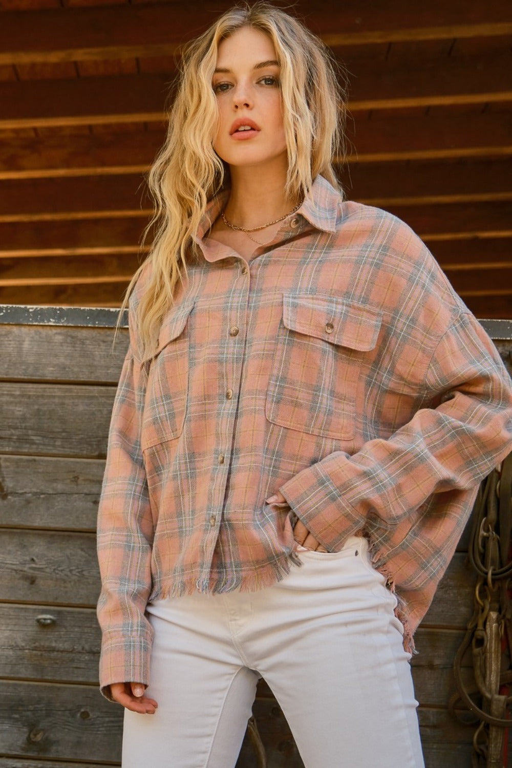 And The Why Full Size Plaid Button Up Raw Hem Shirt - Shirts - FITGGINS