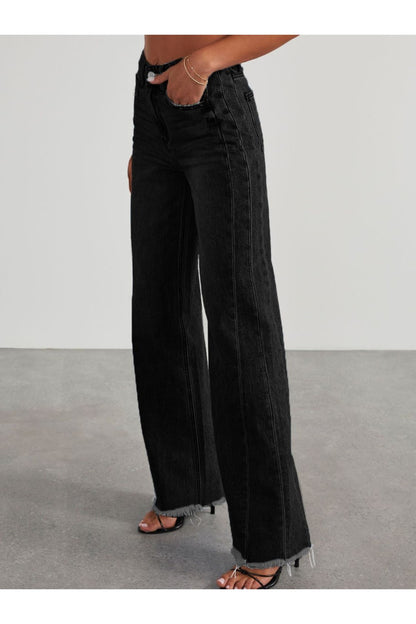 Raw Hem Wide Leg Jeans with Pockets - Jeans - FITGGINS