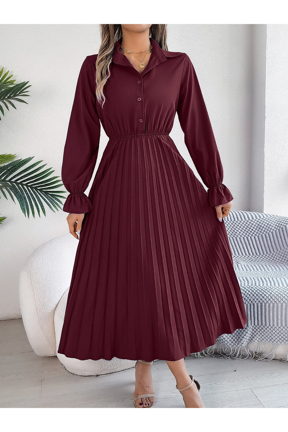 Pleated Half Button Long Sleeve Midi Dress - Casual & Maxi Dresses - FITGGINS