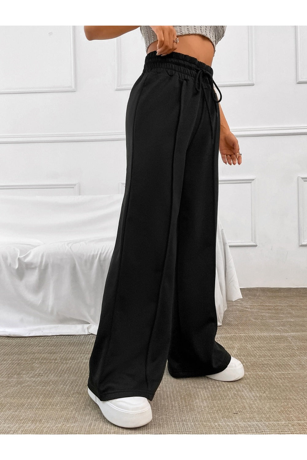 Honey Drawstring Elastic Waist Wide Leg Pants - Pants - FITGGINS