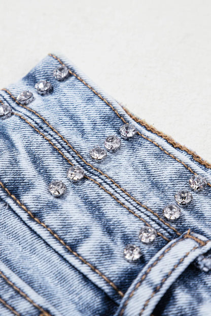 Rhinestone Light Wash Raw Hem High Waist Denim Shorts Fitggins