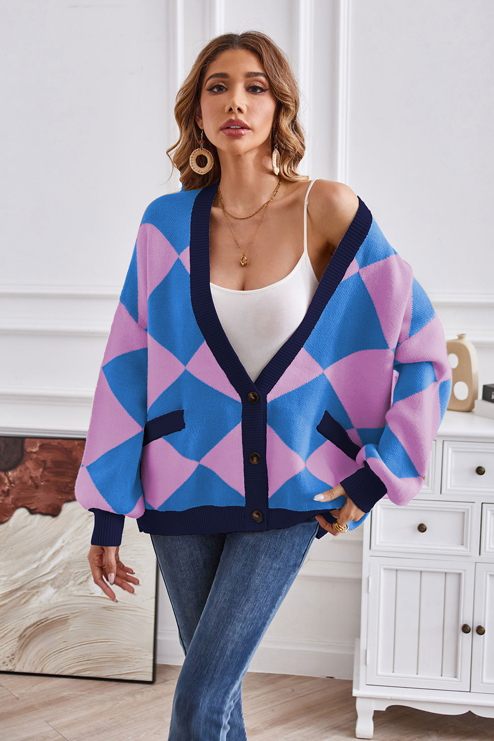 Geometric Lantern Sleeve Cardigan with Pockets Cobalt Blue Fitggins