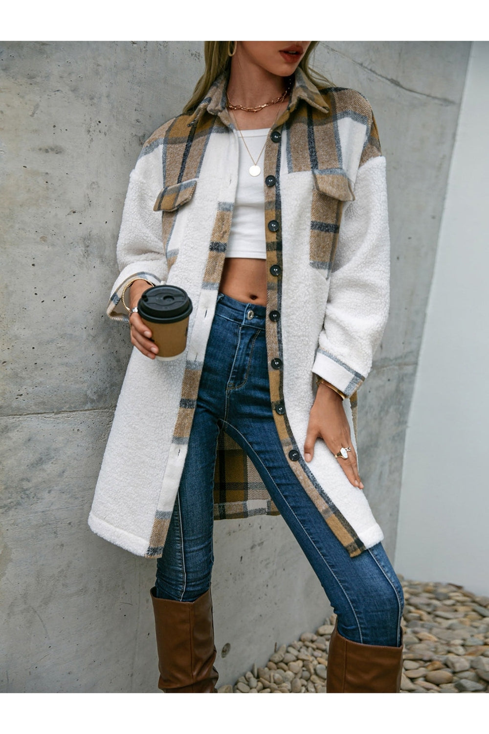 Plaid Dropped Shoulder Longline Coat - Jackets - FITGGINS