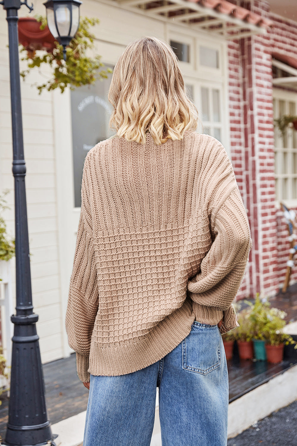 Ribbed Drop Shoulder Lantern Sleeve Sweater - Pullover Sweaters - FITGGINS