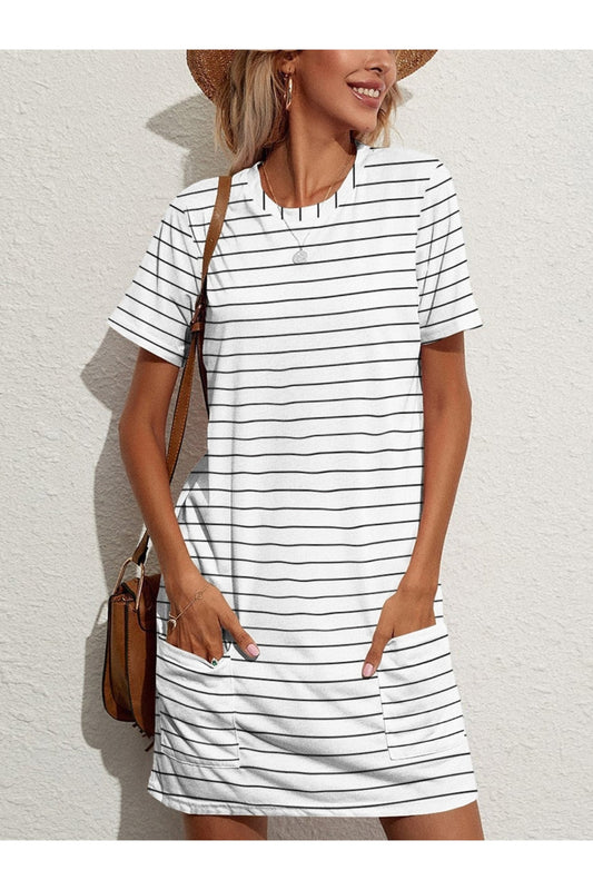 Pocketed Striped Round Neck Short Sleeve Dress - Casual & Maxi Dresses - FITGGINS