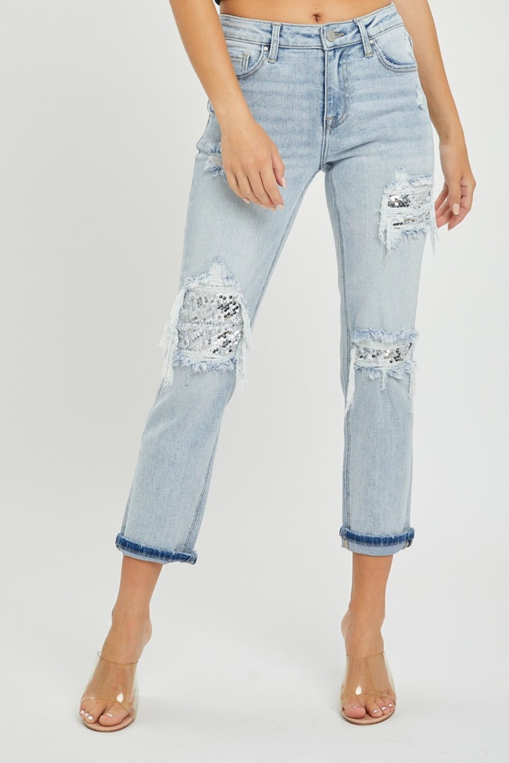 RISEN Mid-Rise Sequin Patched Jeans - Jeans - FITGGINS