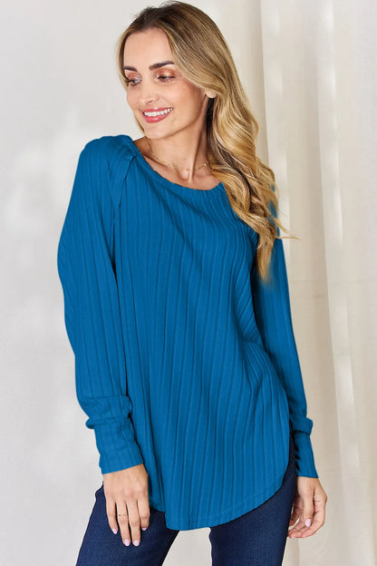 Basic Bae Full Size Ribbed Round Neck Slit T-Shirt Sky Blue Fitggins