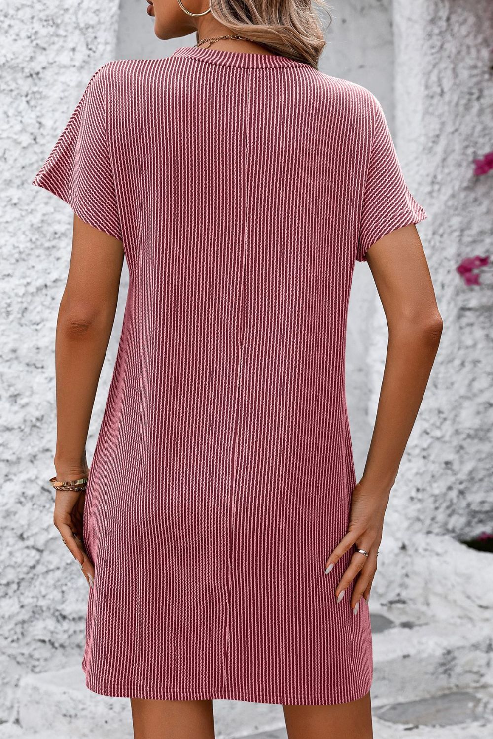 Ribbed Striped Short Sleeve Mini Tee Dress - Casual & Maxi Dresses - FITGGINS