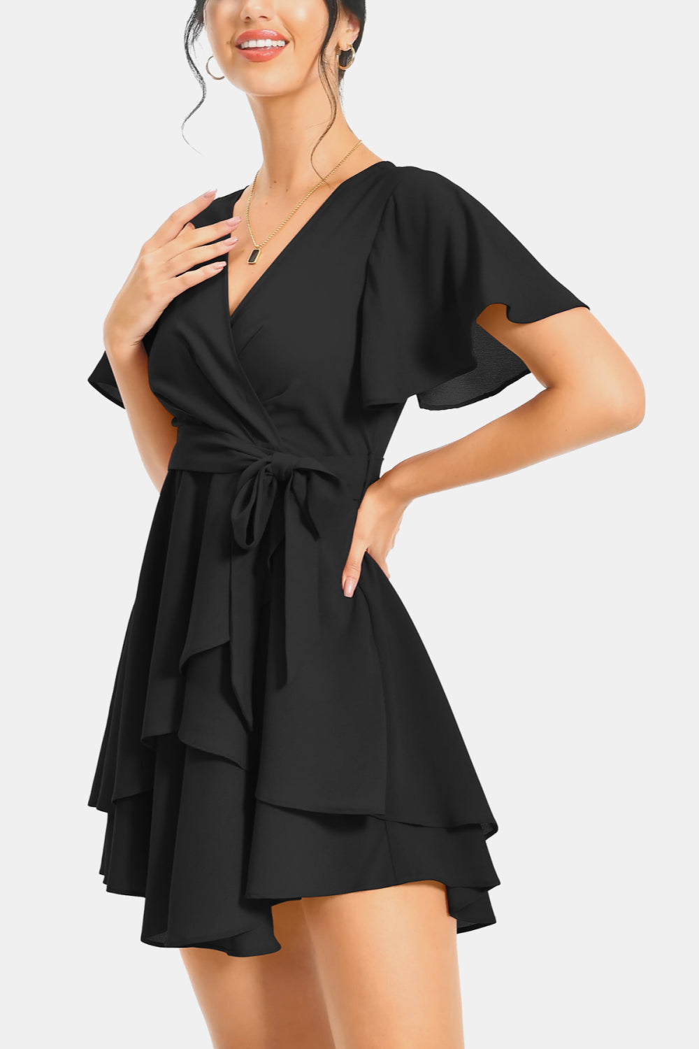 Surplice Neck Flutter Sleeve Dress - Casual & Maxi Dresses - FITGGINS