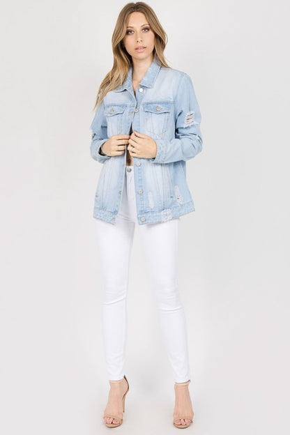 American Bazi Letter Patched Distressed Denim Jacket - Denim Jackets - FITGGINS