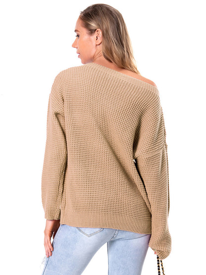 Boat Neck Drop Shoulder Long Sleeve Sweater Fitggins