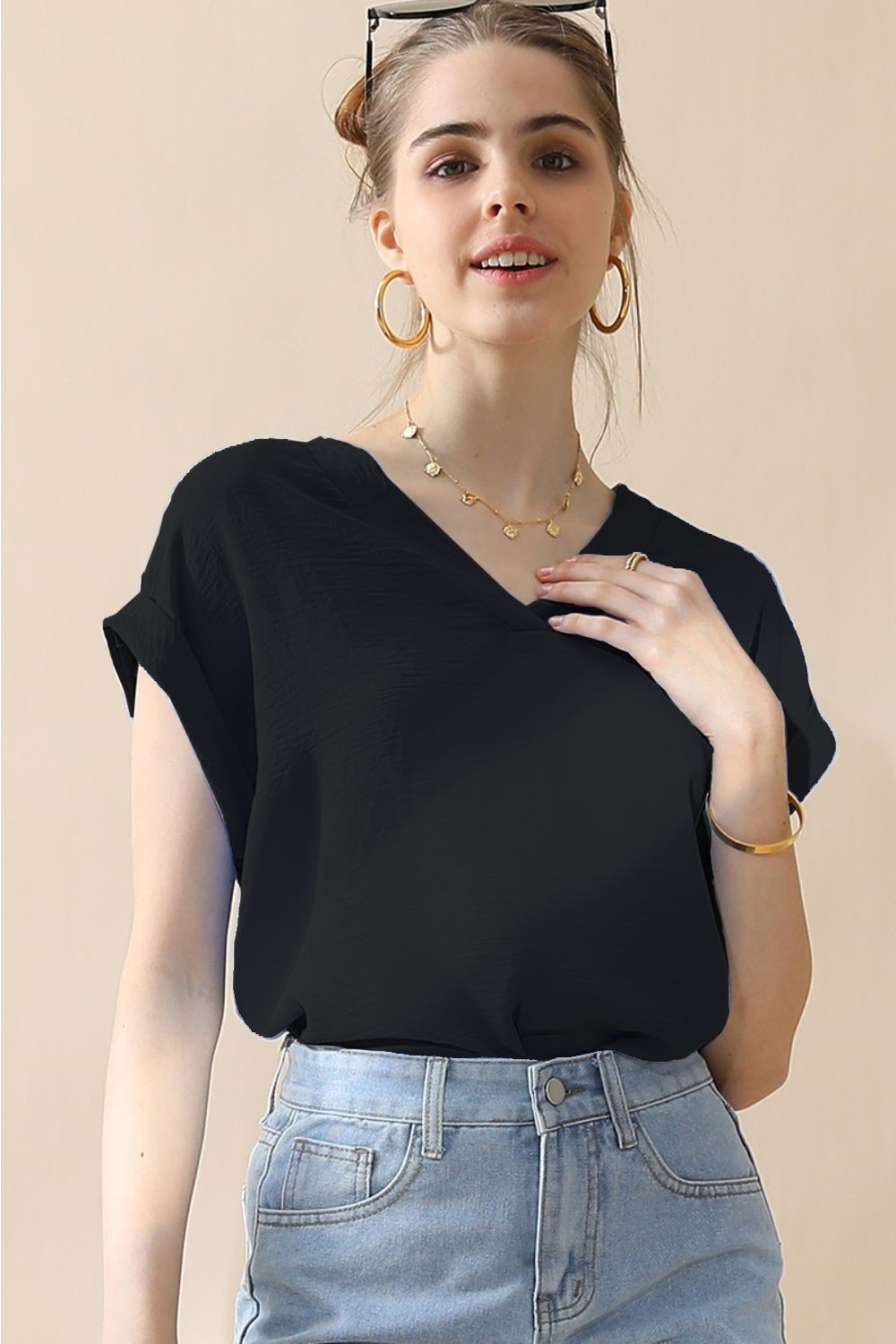 Ninexis V-Neck Trim Rolled Short Sleeve Shirt - Blouses - FITGGINS