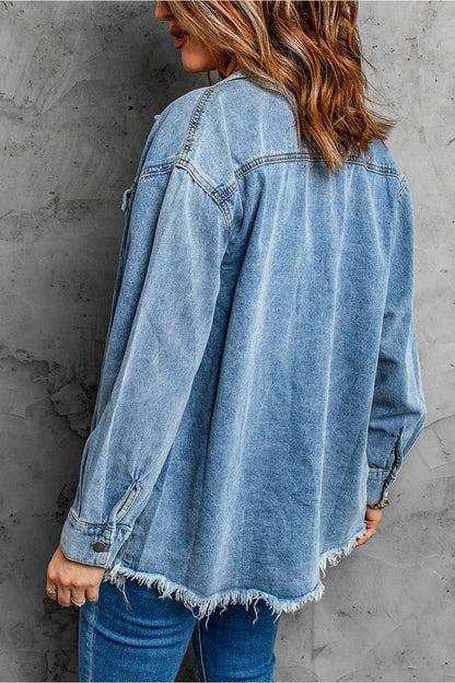 Button Up Pocketed Raw Hem Denim Jacket - Denim Jackets - FITGGINS