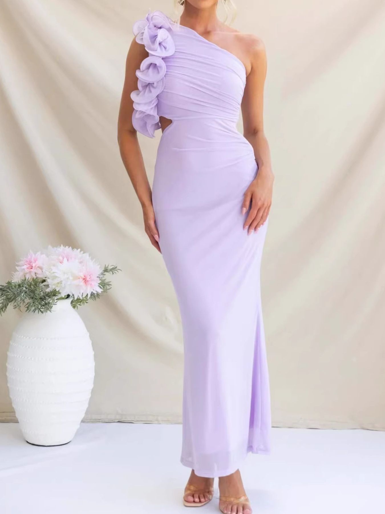 One-Shoulder Floral Trim Sleeveless Maxi Dress Fitggins