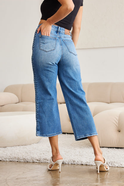 Judy Blue Full Size Braid Side Detail Wide Leg Jeans - Jeans - FITGGINS