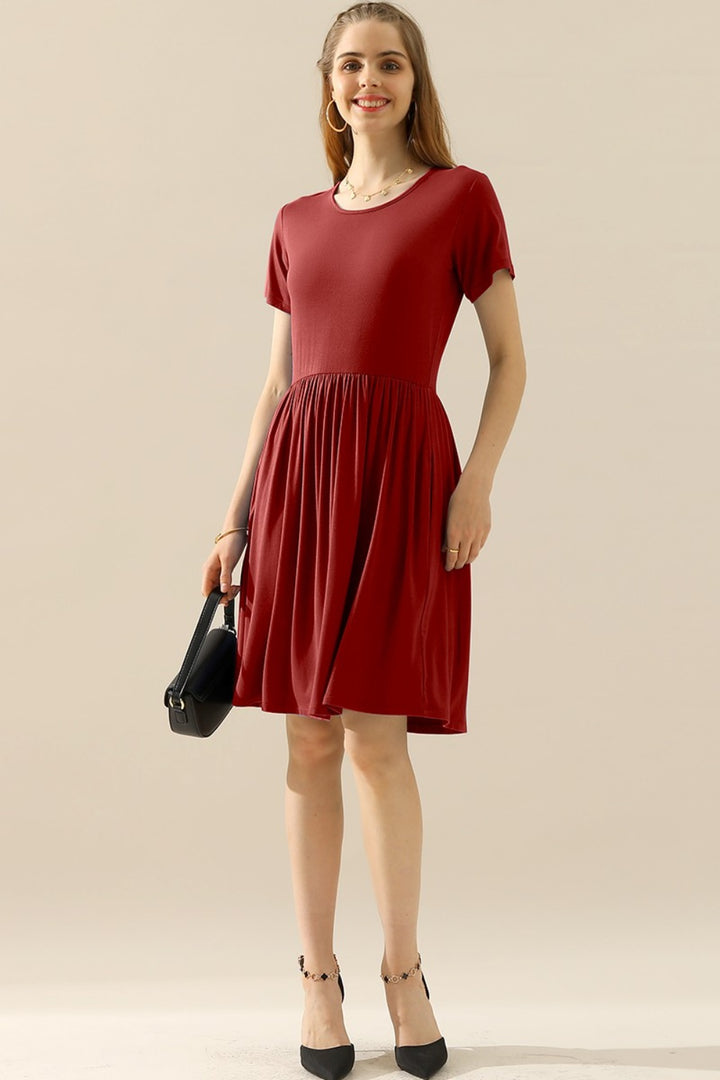 Ninexis Full Size Round Neck Ruched Dress with Pockets - Cocktail Dresses - FITGGINS