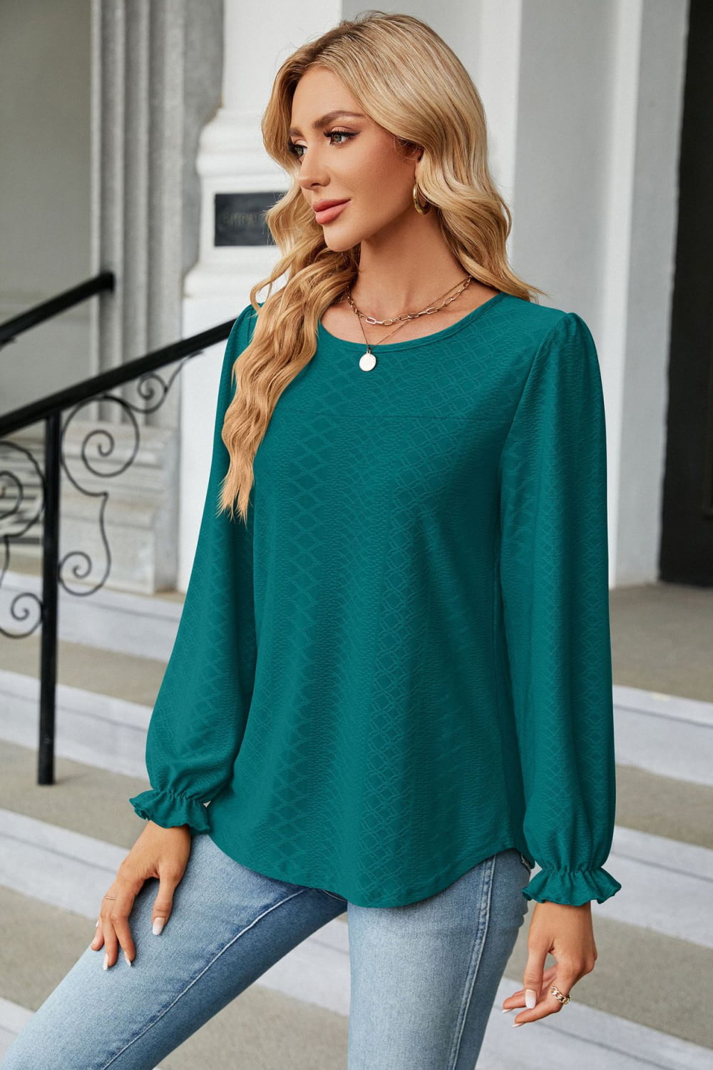 Round Neck Flounce Sleeve Blouse Fitggins