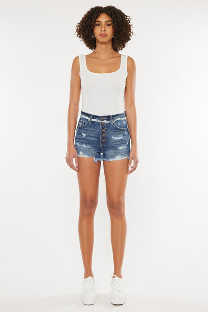 Kancan Distressed Button Fly Denim Shorts - Denim Shorts - FITGGINS