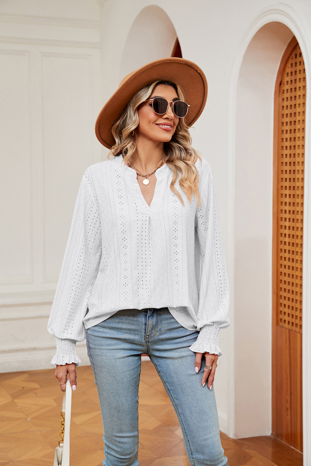 Notched Neck Flounce Sleeve Blouse Fitggins
