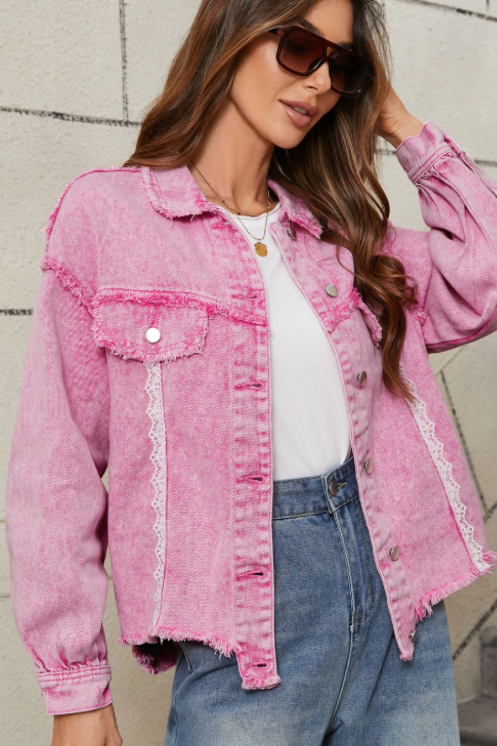 Lace Detail Distressed Button Up Denim Jacket - Denim Jackets - FITGGINS